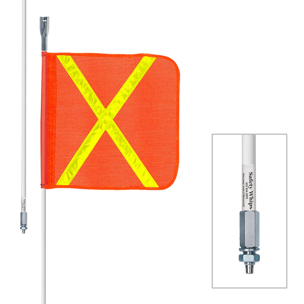 W08-X – DRIVER IND. Warning Whip, 8 Foot Fixed Height Non-Lighted White Pole Fiberglass Threaded Base Mount With Squa...